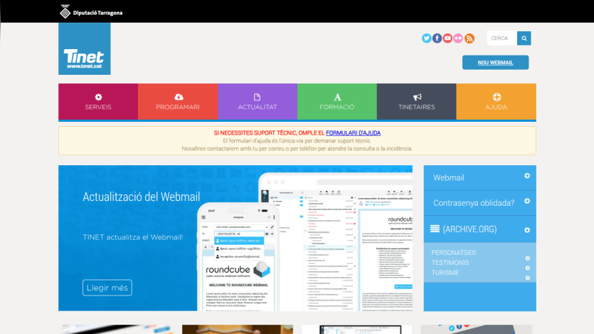 Homepage of Tinet with services, procedures, and contact information displayed.