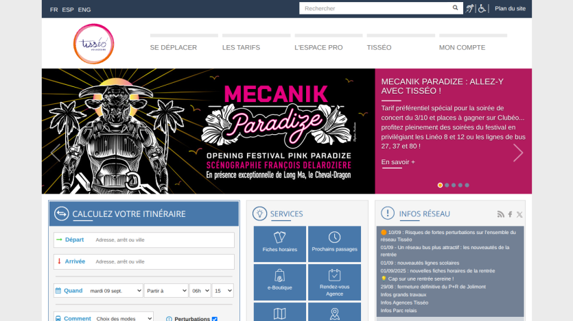 Homepage featuring services, event promotion, and navigation options.
