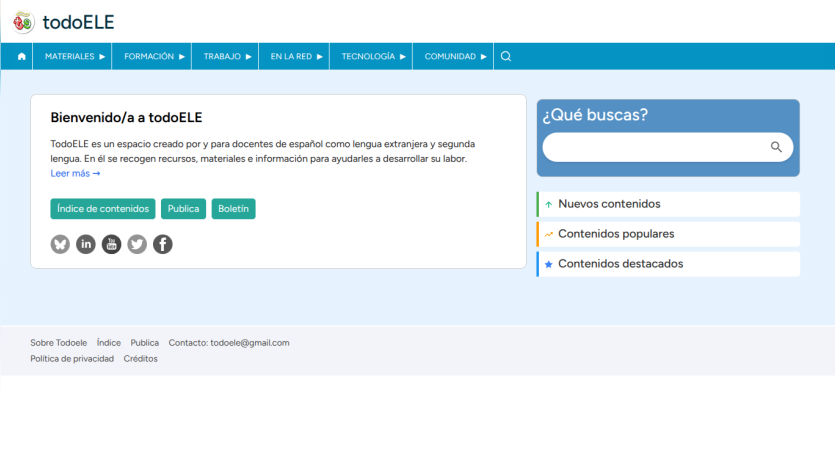todoELE homepage with navigation menu, welcome message for Spanish teachers, search bar, and content categories