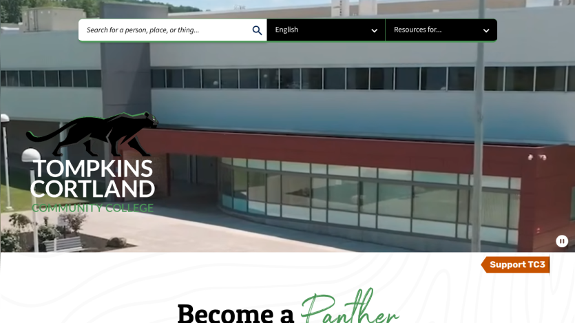Tompkins Cortland Community College homepage with campus building background and search bar