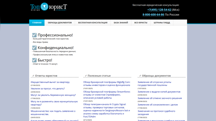 Website header with service features listed: professional, confidential, fast.