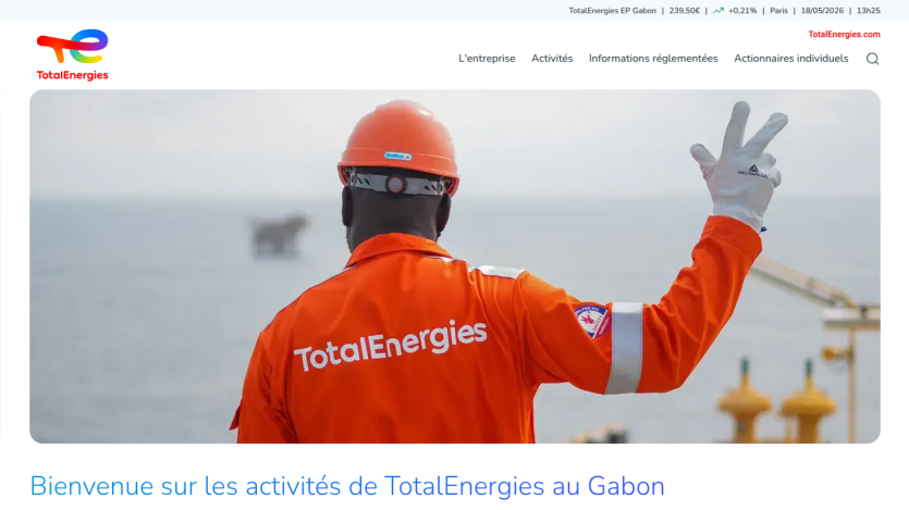 Welcome message about TotalEnergies activities in Gabon with a worker in an orange uniform.