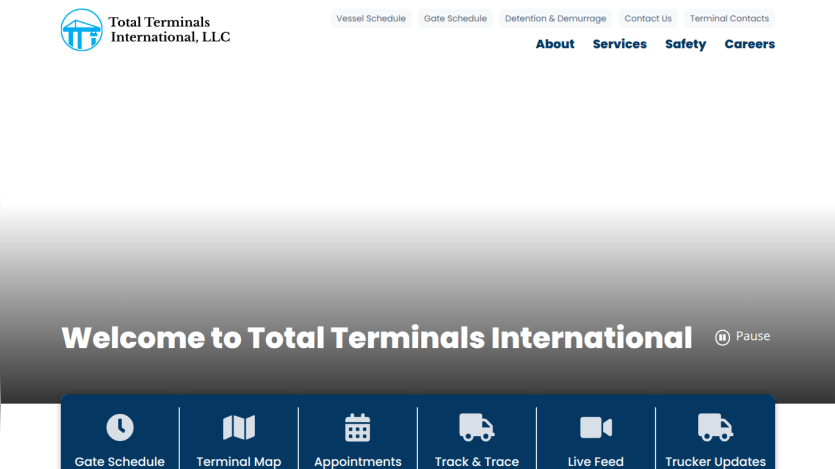 Total Terminals International homepage with navigation links and welcome message