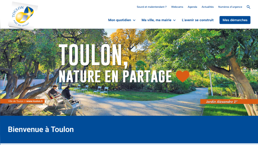 City of Toulon website with navigation and hero image of Jardin Alexandre 1er park