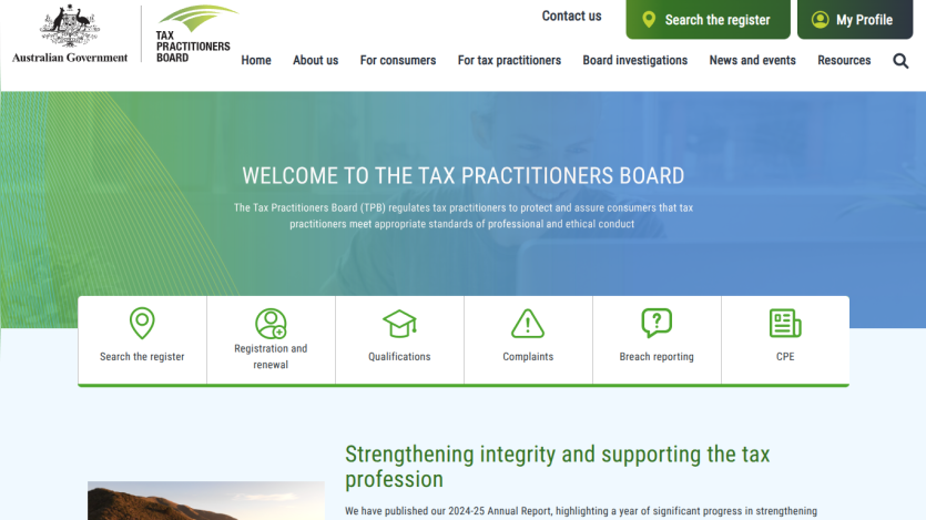 Tax Practitioners Board homepage with welcome message, navigation menu, and key service links