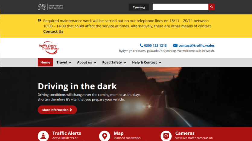 Welsh Government Traffic Wales site with driving safety alert and navigation menu