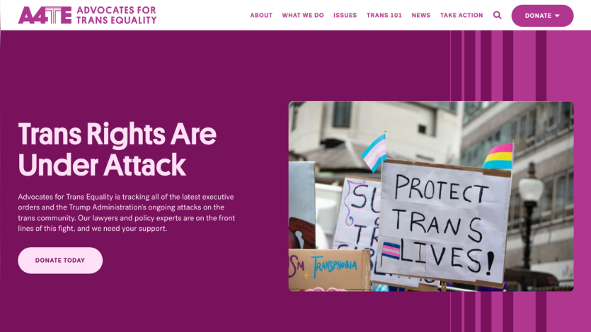 Website promoting trans rights with a bold message and protest imagery.