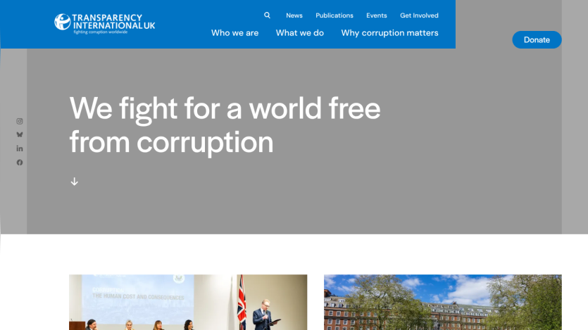 Transparency International UK website with navigation and hero text 'We fight for a world free from corruption'