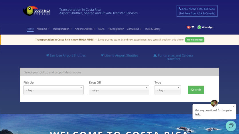 Transportation services in Costa Rica with a search form for airport shuttles.