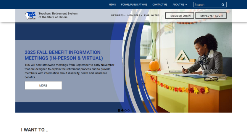 Teachers' Retirement System of Illinois homepage with 2025 fall benefit information meetings announcement and login options