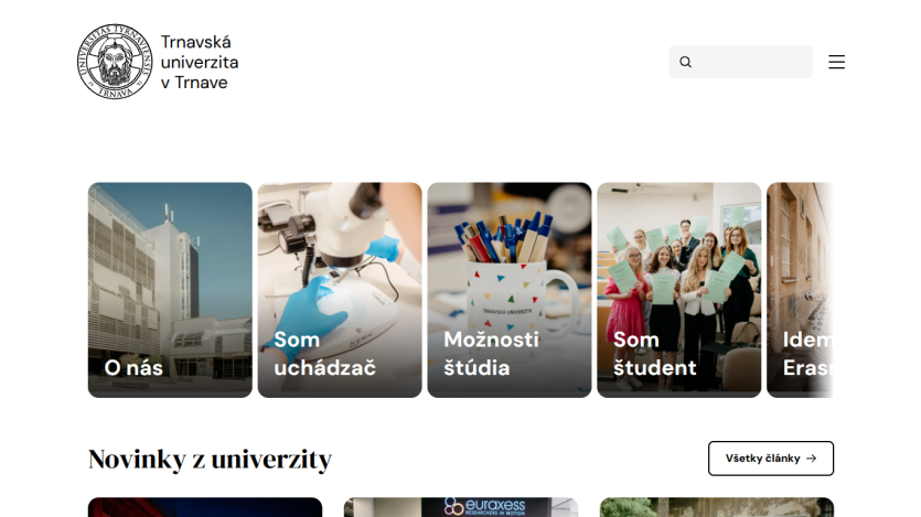 Homepage of Trnava University featuring navigation and sections about studies and student life.