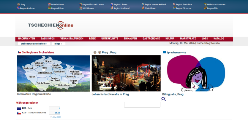 Homepage of Tschechien online featuring regional attractions and a search bar.