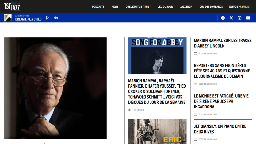TSF Jazz website with navigation menu, featured jazz articles, and a portrait of an older man in glasses