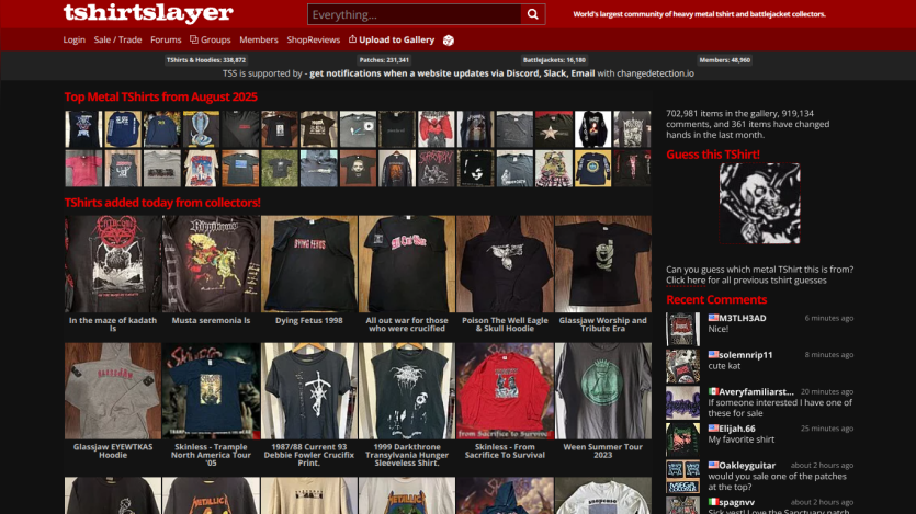 Collection of t-shirts displayed on a dark-themed website with navigation options.
