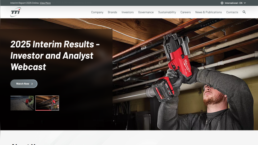 Company website header with navigation and hero section promoting 2025 Interim Results investor and analyst webcast