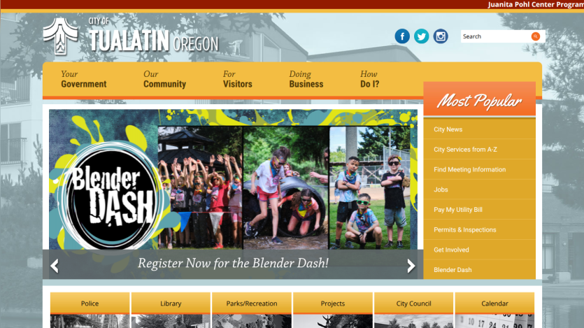 Tualatin city website featuring the Blender Dash event registration and community highlights.