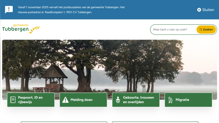 Municipality Tubbergen website with search bar, notification banner, and navigation for passport, notifications, birth, marriage, death, and migration