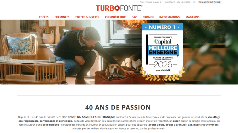 Homepage of TurboFonte showcasing a man with a dog and a 2026 award badge.