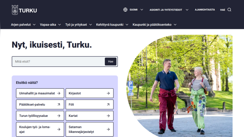 Homepage of Turku with a search bar and options for local activities.