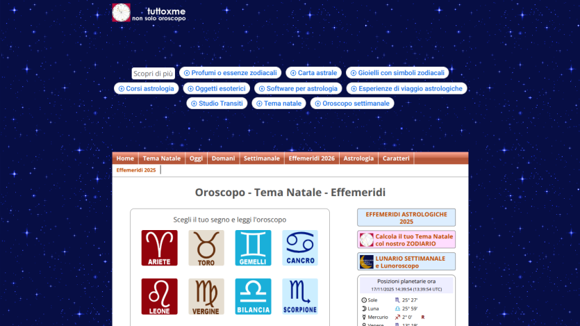 Astrology website homepage with navigation menu and zodiac sign selection for horoscope reading