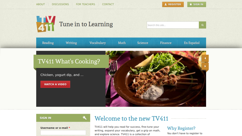 TV411 educational site with navigation for subjects and a featured cooking video section