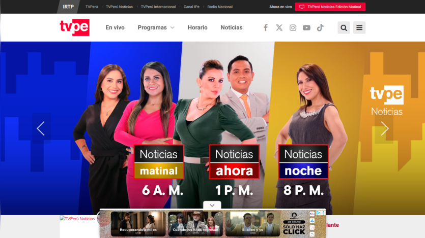 TV Perú Noticias homepage showing morning, afternoon, and night news programs with hosts and schedule times