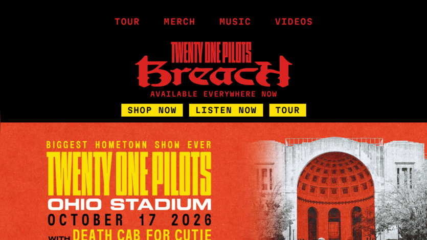 Twenty One Pilots concert announcement for Ohio Stadium on October 17, 2026.