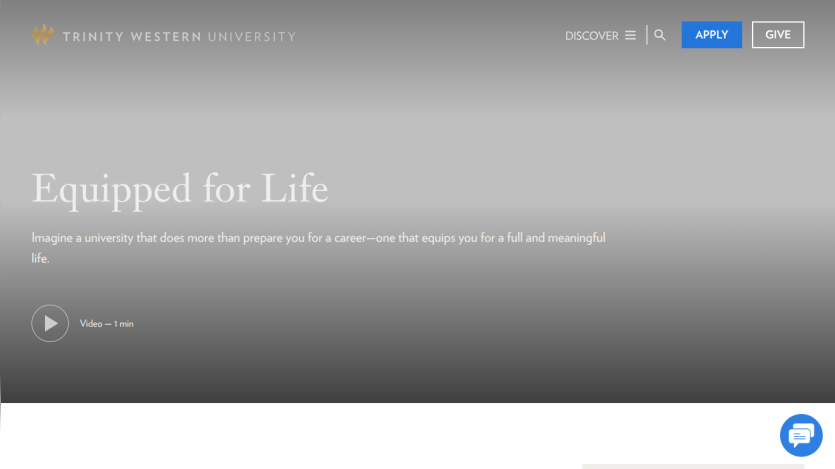 Hero section of Trinity Western University featuring the phrase 'Equipped for Life' and a video link.