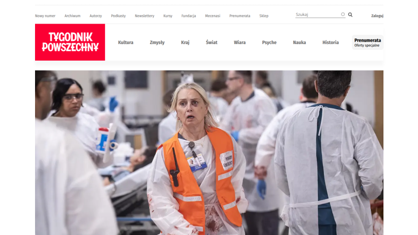 News website header with logo and navigation, featuring a busy hospital scene in the hero image.
