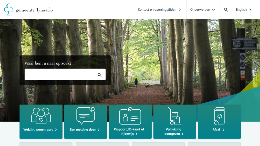 Municipality of Tynaarlo website with search bar and navigation for welfare, reports, ID documents, moving, and waste services