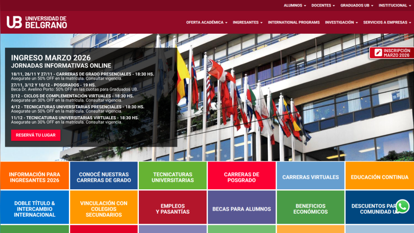 Universidad de Belgrano homepage with March 2026 enrollment info and academic program navigation