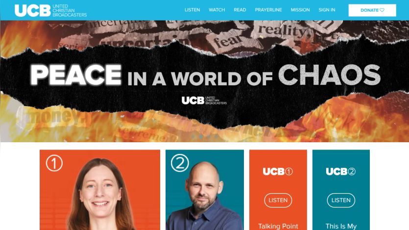 United Christian Broadcasters website with navigation and hero banner stating Peace in a World of Chaos