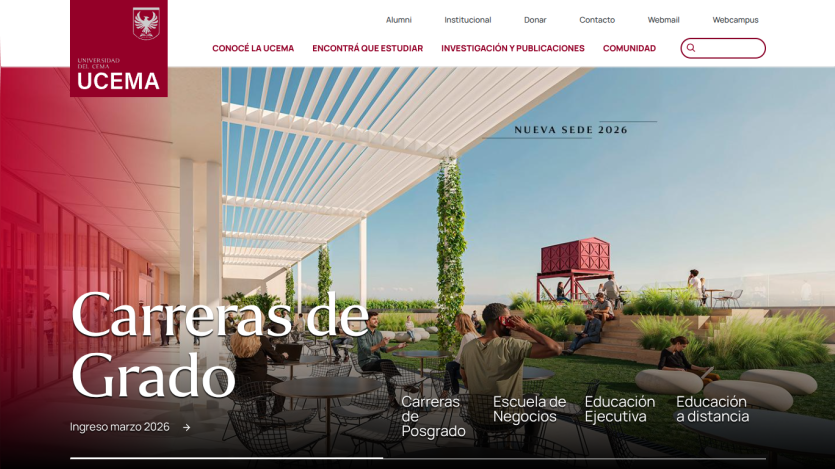 UCEMA university homepage featuring undergraduate programs and new campus opening in 2026 with outdoor seating area