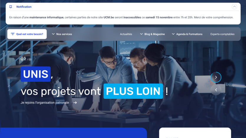 Business team collaborating in an office with text 'Unis, vos projets vont plus loin' and navigation menu in French
