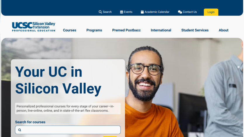 Homepage of UCSC Silicon Valley featuring a smiling individual and program information.