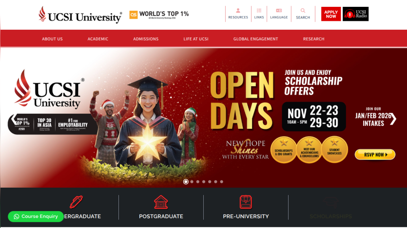 UCSI University homepage promoting open days and scholarship offers with event dates and navigation menu