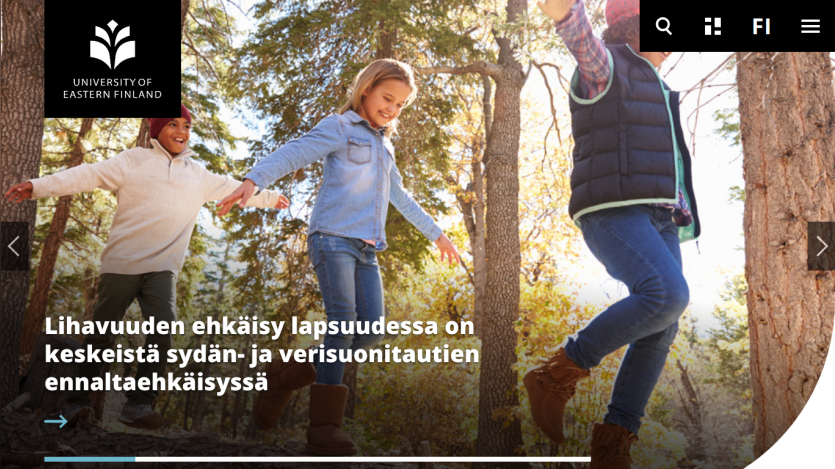 University of Eastern Finland homepage featuring children playing outdoors with a focus on health topics.