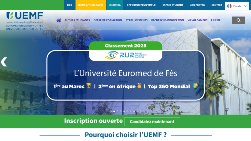 Euromed University of Fes website with open registration for 2025-2026 and navigation menu in French