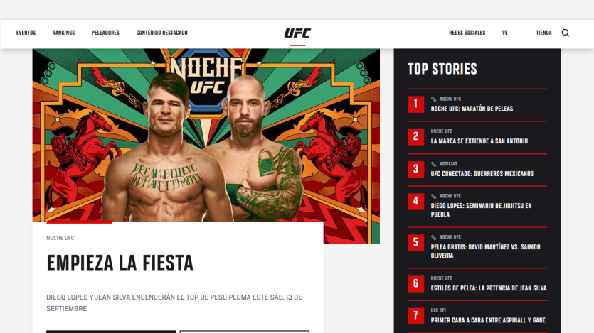 UFC event promotion with fighters and top stories listed.
