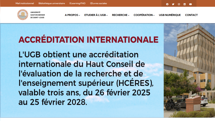 Université Gaston Berger de Saint-Louis announces international accreditation valid from 2025 to 2028.