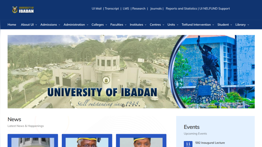 University of Ibadan homepage featuring the university's name and upcoming events.