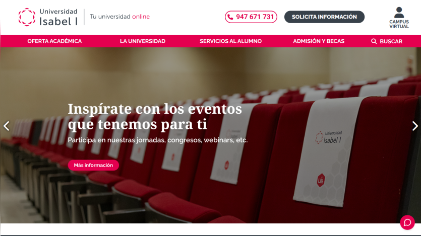Universidad Isabel I online university homepage with event promotion and navigation menu