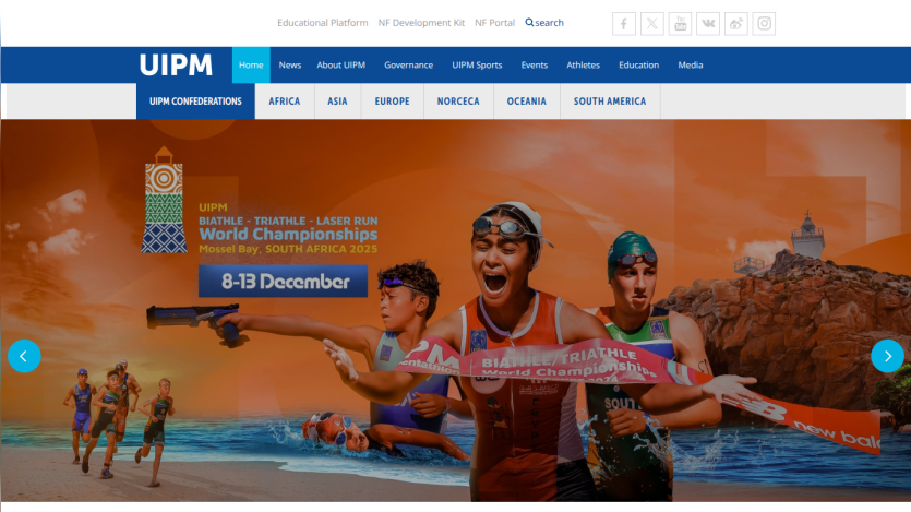UIPM homepage promoting the Biathle-Triathle-Laser Run World Championships in Mossel Bay, South Africa, 8-13 December 2025