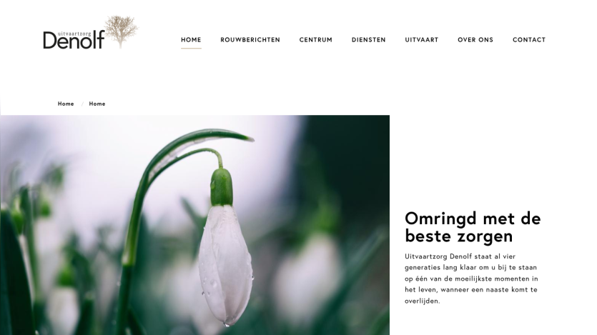 Uitvaartzorg Denolf funeral care website with a white flower image and introductory text about support during difficult times