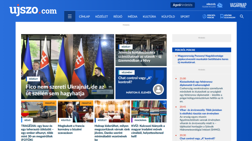News website homepage featuring articles and flags of Ukraine and Slovakia.