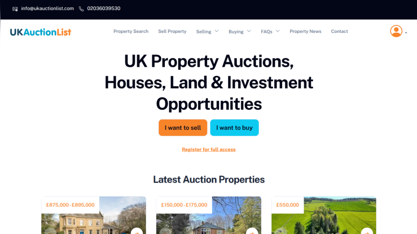 Homepage of UK Auction List featuring property auction opportunities and buttons to sell or buy.