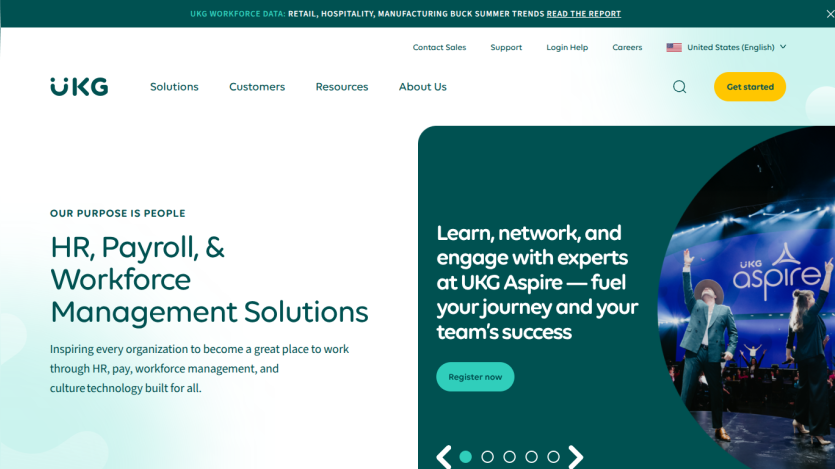 UKG website showcasing HR, payroll, and workforce management solutions with a call to action.