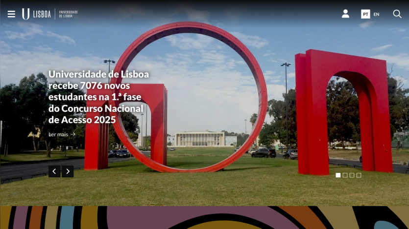 University of Lisbon announcement for new student admissions with a large red sculpture in the background.