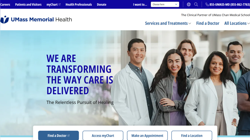 UMass Memorial Health homepage featuring a team of healthcare professionals and key service links.