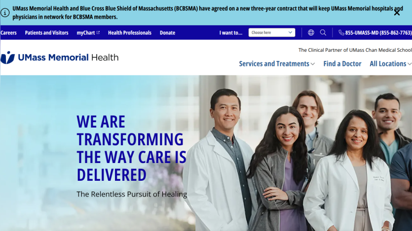 UMass Memorial Health website with navigation and hero section stating transforming care delivery and pursuit of healing